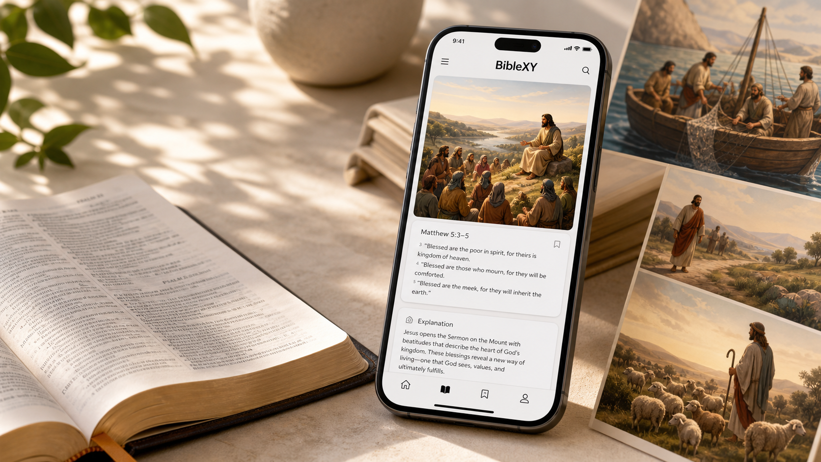 BibleXY app preview showing an illustrated Bible verse and explanation on a smartphone